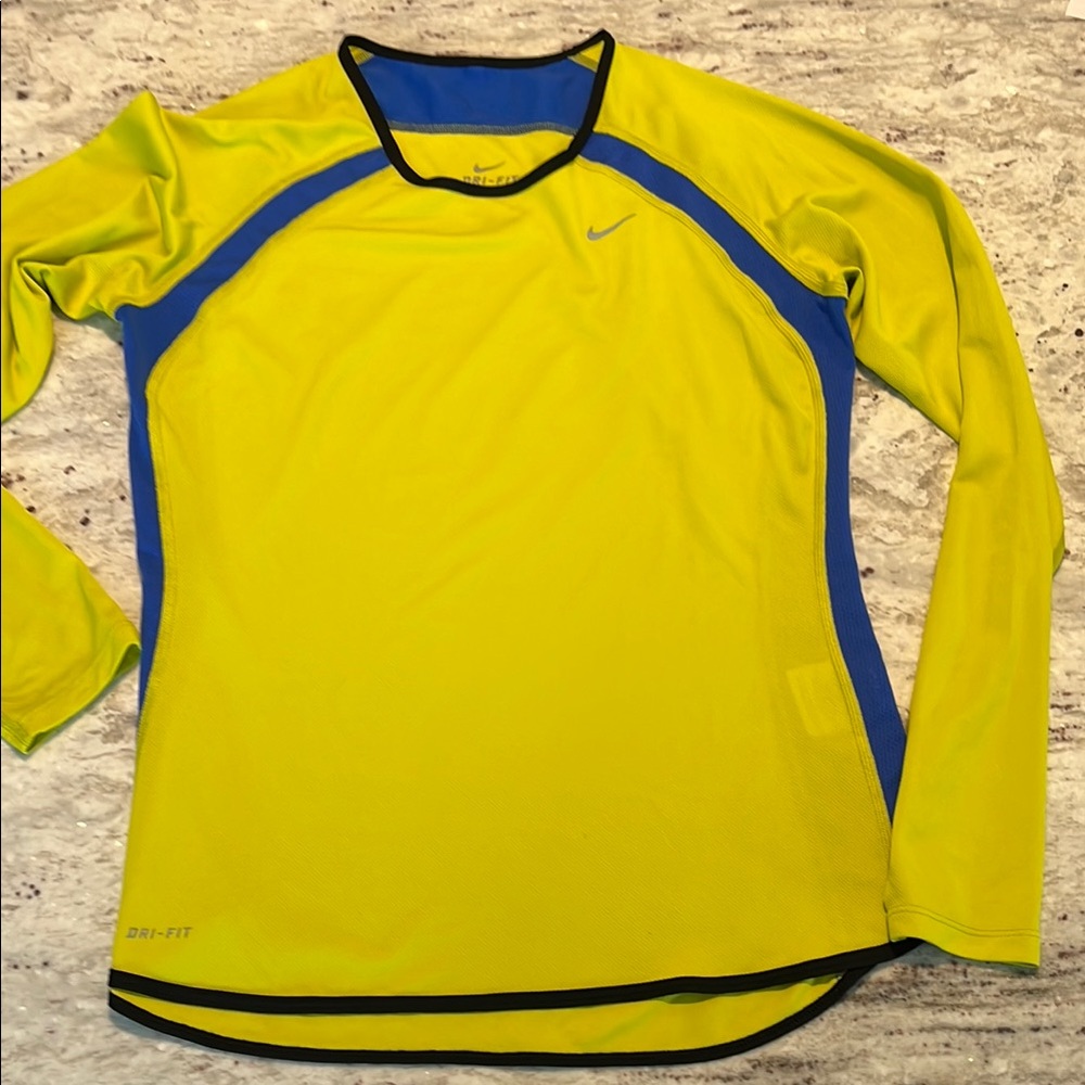 Nike Dri-FIT Yellow and Blue Long Sleeve Shirt, M